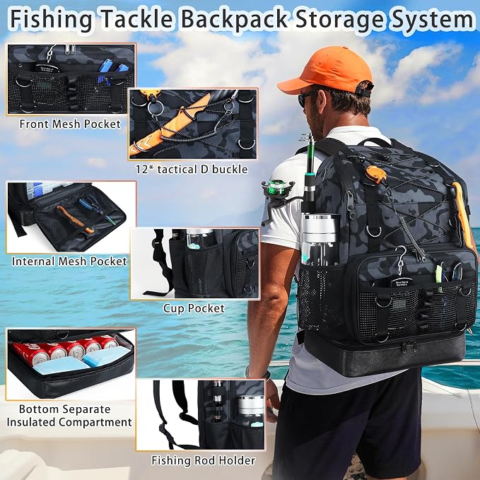 Fishing Backpack with 4 Tackle Boxes, Heavy Duty Fishing Bag with Waterproof Bottom, Tackle Backpack Gifts for Man Woman-Camo Black