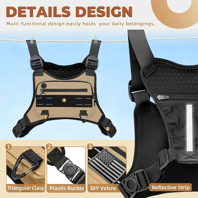 Muserise Sports Chest Bag For Men Women, Water Resistant Lightweight Front Chest Pack, Running Vest Bag With Built-In Phone Holder & Extra Storage For Workouts, Running, Cycling (Khaki)