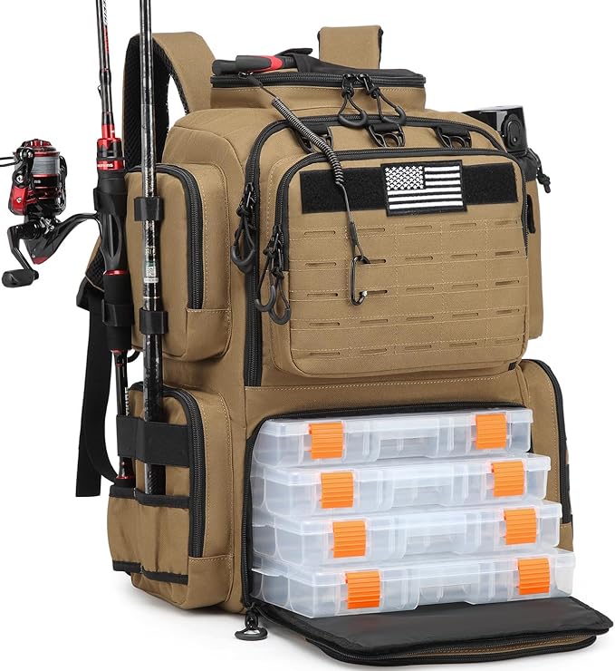 Tactical Fishing Backpack with Tackle Boxes, Rod Holders & Bottle Holder, 50 L Large Insulated Fishing Tackle Box Backpack with Cooler, Fishing Bag Store Gear & Equipment, 900 D Oxford, Brown