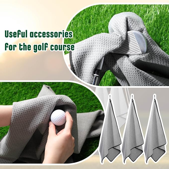 Batiyeer 3 Pack Caddy Golf Towels Summer Gifts Large Caddy Towel for Bags Waffle Pattern with Carabiner Clip Ultra-Absorbent Golfing Gear for Men(Grey,18 x 40 Inch,Classic)