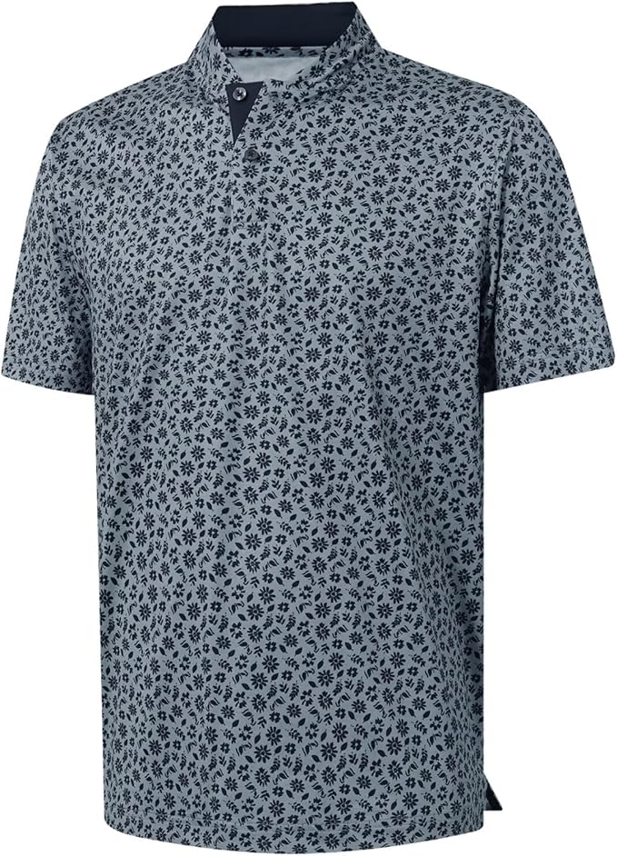 M MAELREG Golf Shirts for Men Collarless Performance Dry Fit Stretch Henley Casual Printed Mens Polo Shirts Short Sleeve