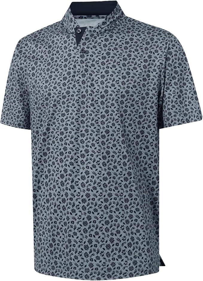 M MAELREG Golf Shirts for Men Collarless Performance Dry Fit Stretch Henley Casual Printed Mens Polo Shirts Short Sleeve