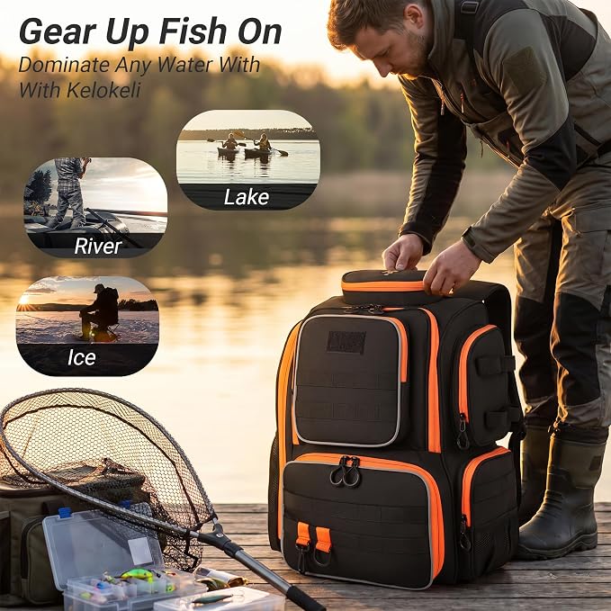 40L Fishing Backpack with Extra Waterproof Storage Bag | 40L split compartment stores tackle boxes & baits; breathable padded straps for all-day fresh/saltwater anglers