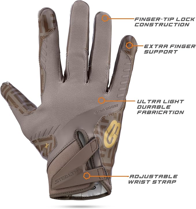 Grip Boost Football Gloves - Solid Stealth 6.0 Boost Plus Sticky Technology - Adult and Youth Football Gloves for Wide Receiver - Men's and Boys Sizes