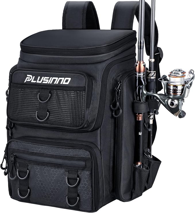 PLUSINNO Fishing Tackle Backpack with Rod Holders，42L Water-resistant Fishing Bag Store Fishing Gear,Fishing Gifts For Men.
