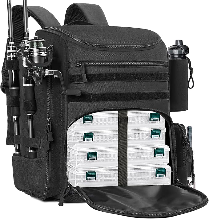 Fishing Backpack with 2 Rod Holders Tackle Box, 41/25L Water-resistant Fishing Tackle Bag Storage Fishing Gear and Equipment