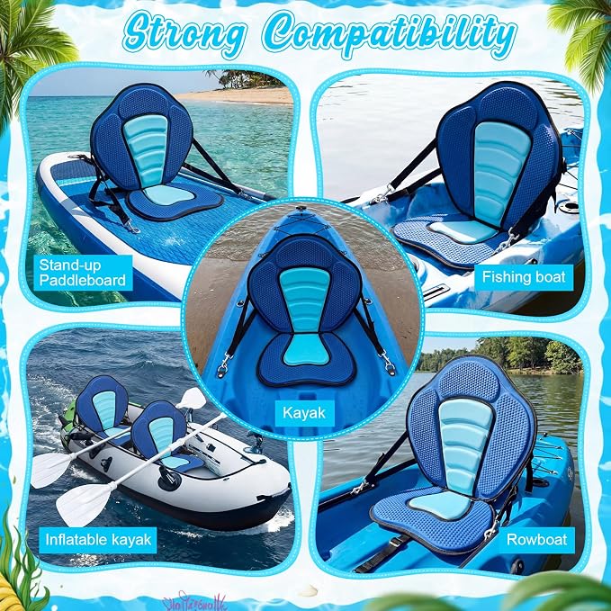 Vinsot Kayak Seat Cushion Universal Paddle Board Seat with Back Support Adjustable Non Slip Boat Chair Seats with 4 Straps and Storage Bag for Kayak Boat Sup Canoe