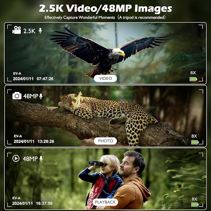 Digital Binoculars with Camera for Adult, 2.4" LCD Display 48MP Camera 2.5K Videos 8X Digital Zoom Ideal for Concerts, Bird Watching, and Outdoor Adventures with 32GB SD Card