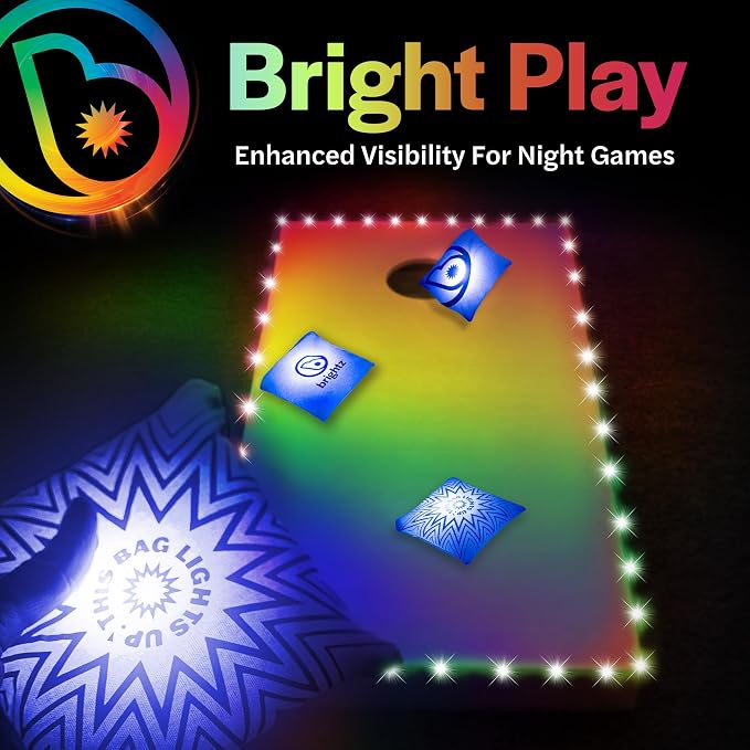 Brightz Cornhole Board Edge Lights with LED Bags - Includes 4-Pack of LED Cornhole Bags + TossBrightz Cornhole Board Edge Lights - The Ultimate Night Time Cornhole Master Set