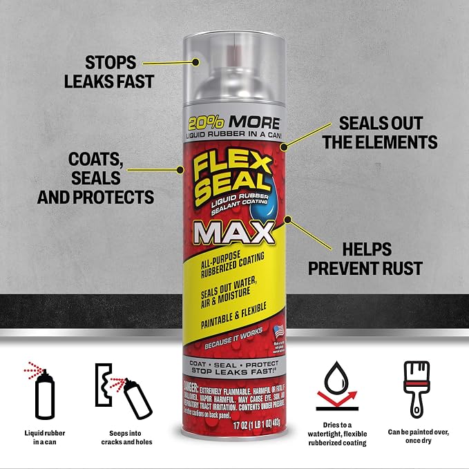Flex Seal MAX, 17 oz, 2-Pack, Clear, Stop Leaks Instantly, Waterproof Rubber Spray On Sealant Coating, Perfect for Gutters, Wood, RV, Campers, Roof Repair, Skylights, Windows, and More