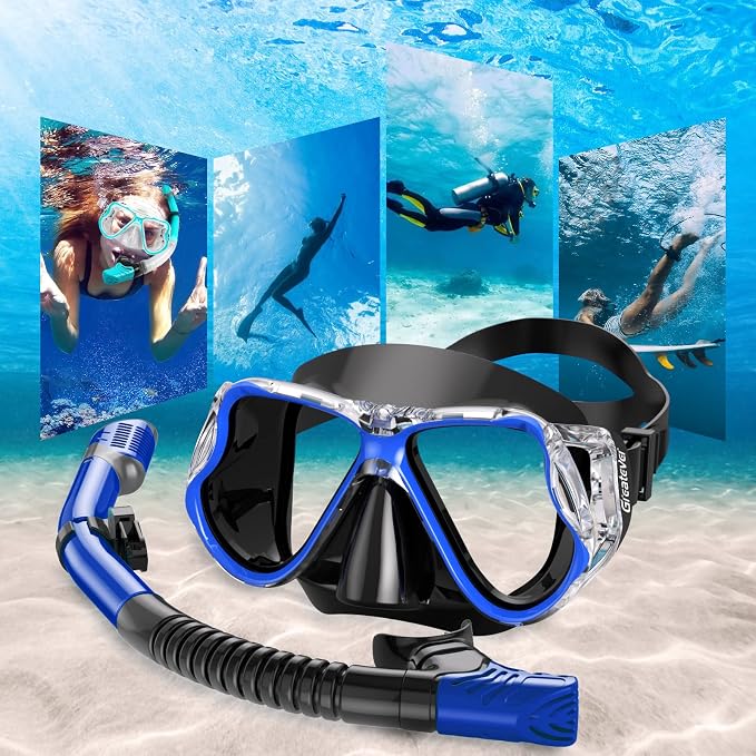 Greatever Dry Snorkel Set,Panoramic Wide View Anti-Fog Scuba Diving Mask,Professional Snorkeling Gear for Adults Kids