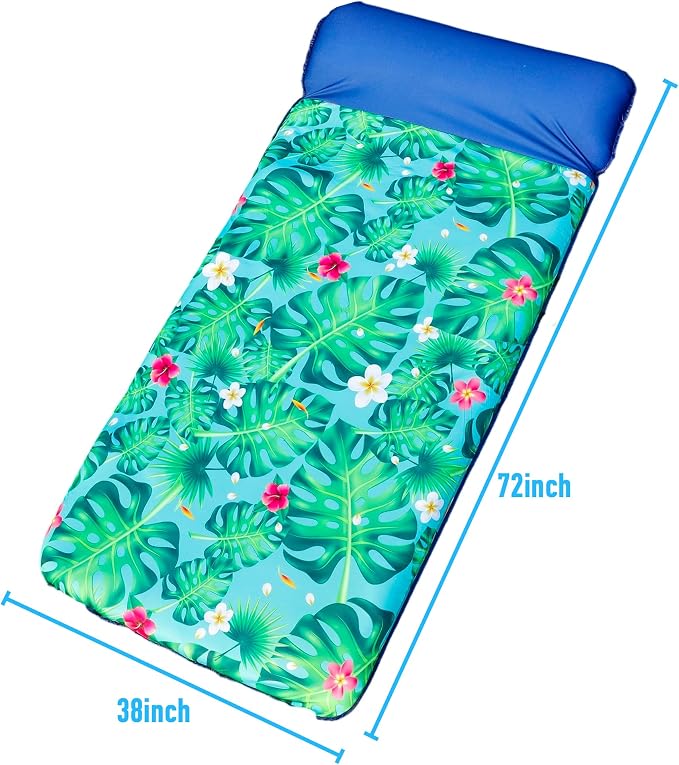 FindUWill Oversized Pool Float Lounge, 72" X 37" Extra Large Fabric-Covered Pool Floats for Adults, Inflatable Contour Lounger with Headrest Ultra-Comfort Cooling Pool Raft (XL, Monstera)