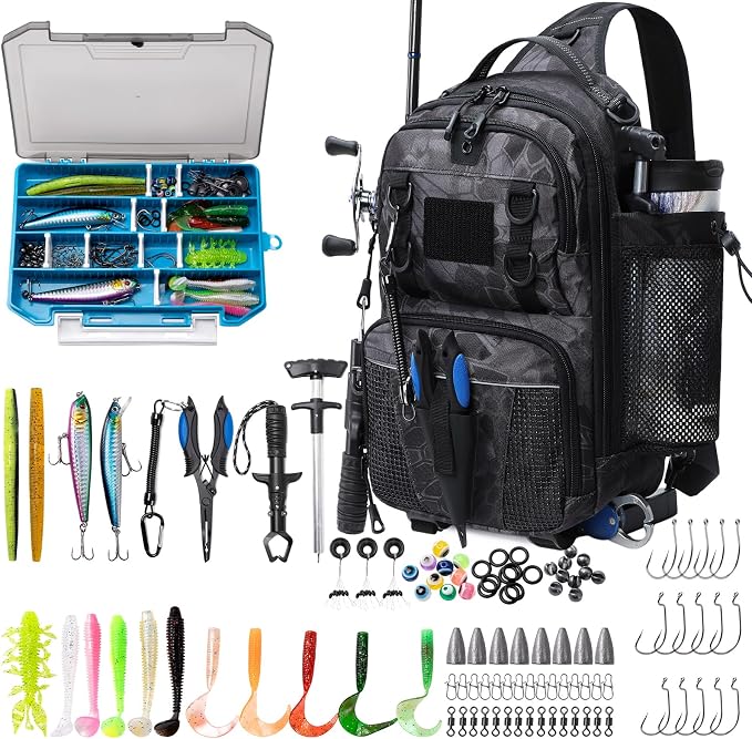 Fishing Bag with Tackle Boxes, Lightweight Fishing Sling Pack,Convertible Tackle Bag with Rod & Beverage Holder, Fishing Gear with Lures, Pliers, Lip Gripper, Fish Gifts for Men, Black Camo
