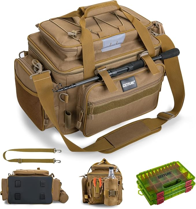 Goture Fishing Tackle Bag with 2PCS 3600 Tackle Boxes | 600D Water-Resistant, Rod Straps, Detachable Bottle Pouch,Waterproof Bottom, Freshwater & Saltwater Gear Storage Fishing Bag
