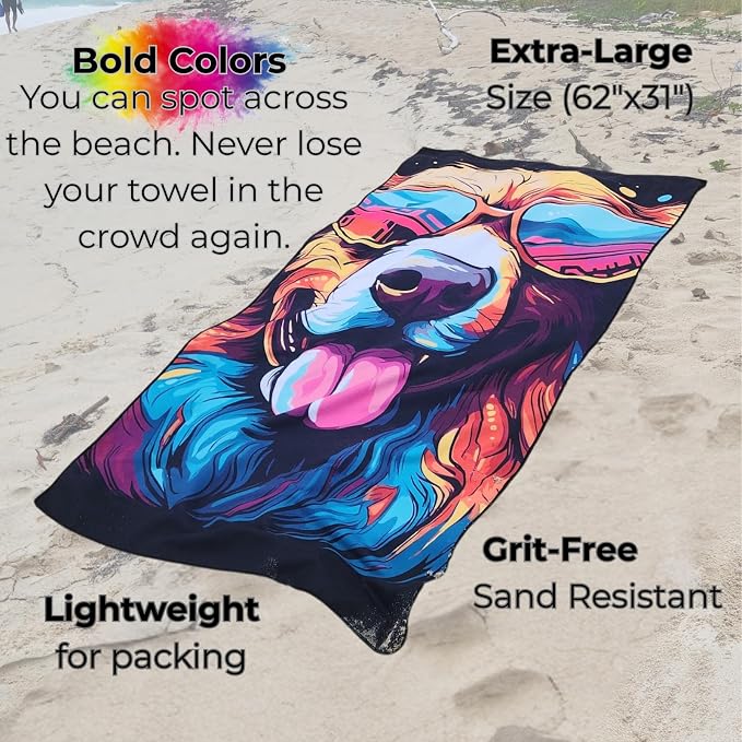 Microfiber Funny Happy Dog in Sunglasses Colorful Beach Towel for Women, Girls, Kids, Men, Plush Beach Towel, Quick Dry Pool Towel Super Soft, Oversized 31x62 Inches