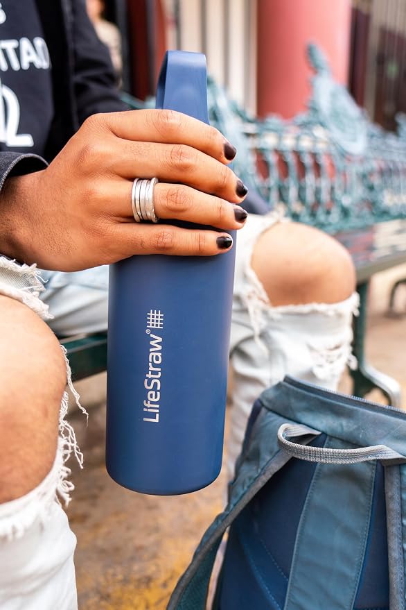 LifeStraw Go Series — Insulated Stainless Steel Water Filter Bottle for Travel and Everyday Use Removes Bacteria, Parasites and Microplastics, Improves Taste, 24 oz, Aegan Sea