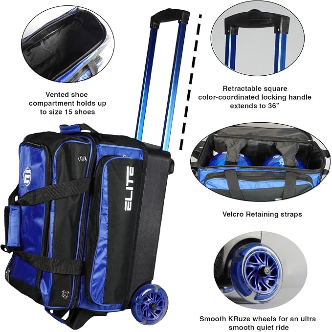 ELITE Deluxe 2 Ball Bowling Bag with 5" Smooth Wheels - Large Accessory Pocket, Shoe Compartment, 36" Extendable Handle