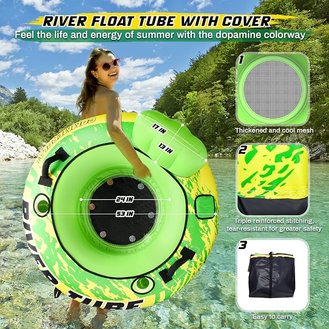 53" Heavy Duty River Tube for Floating with Canvas Cover, Tubing Floats for Lake Pool, Inflatable Water Tube for Floating with Cup Holders Handles Headrest, River Raft Carry 300lb of Adults