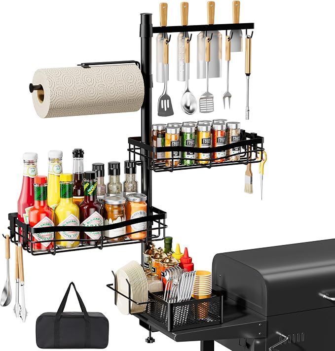 DAOYA Grill Caddy for Outdoor Grill - Griddle Caddy Organizer for Blackstone with Adjustable Seasoning Holder, Paper Towel Holder, BBQ Tool Rack, Portable Carry Bag for Camping Picnic