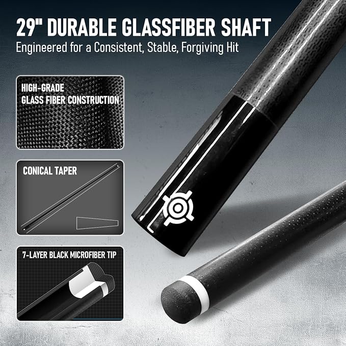 Series, Glass Fiber Pool Cue Stick, Uni-QR, 3/8-10, 5/16-18 Joint, Synthetic Leather Grip, 29" Glassfiber Shaft, 7-Layer Microfiber Tip