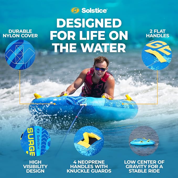 Solstice Surge Inflatable Towable Boat Tube | Stable 2-Person Water Sports Tube with Easy Inflate/Deflate System | 6 Handles & EVA Knuckle Guards | Vibrant Colors for Prime Visibility & Tubing Fun