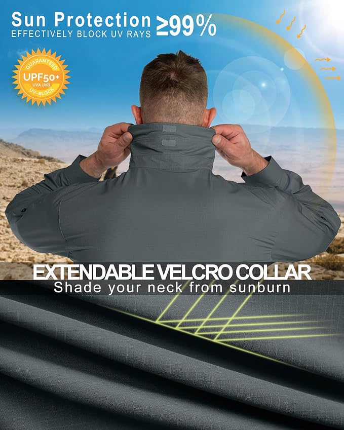 33,000ft Men's UPF 50+ UV Protection Long Sleeve Hiking Shirts Breathable Quick Dry Fishing Shirts for Safari, Outdoor