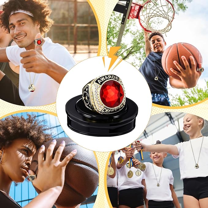 Landical 10 Pcs Championship Trophy Rings Bulk MVP Winner Youth Award Gift with Neck Chains and Display Stand for Basketball Baseball Football Volleyball Softball