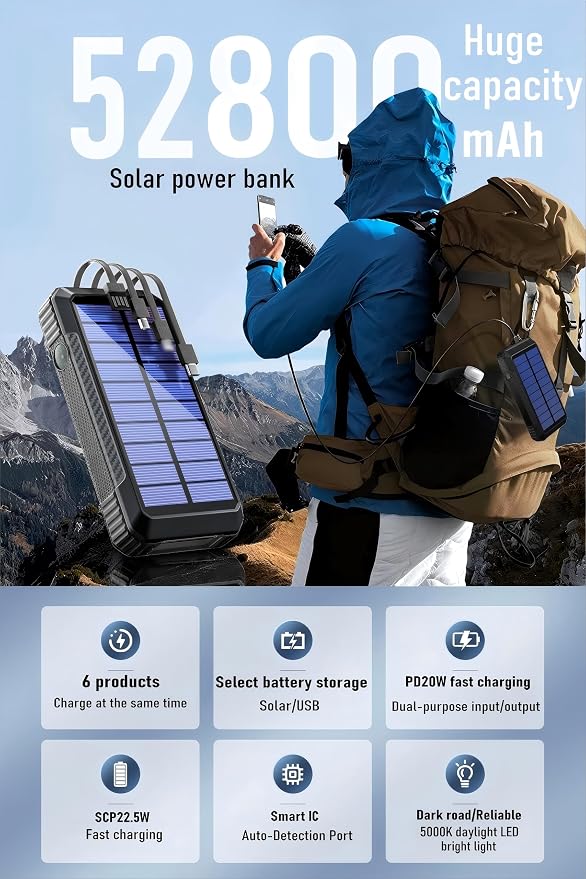 DJKK Solar Power Bank Wireless Charger 52800mAh Built in 4 Cables and LED Camping Lights 22.5W Fast Charging Power Bank 7 Outputs 4 Inputs Portable Charger Compatible with All Mobile Devices (Black)