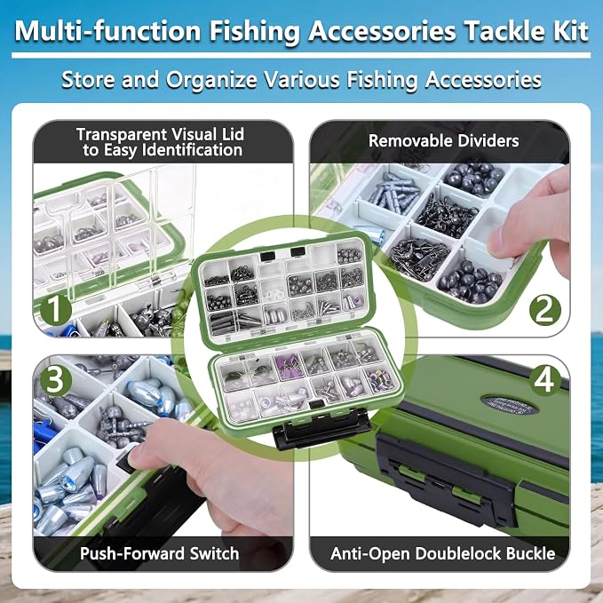 412Pcs Fishing Tackle Kit with Box,Fishing Gift for Men(Green) | Complete Fishing Accessories Kit-Hooks,Eye Beads,Sinkers&Swivels,Beads&Bobber Stops,Pliers for Freshwater Bass&Trout