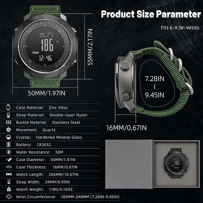 CakCity Digital Watch Military Tactical Watches for Men, 50mm Large Face Zinc Alloy Case with Breathable Double-Layer Nylon Strap, 5ATM Waterproof Shockproof, Altimeter, Barometer, Thermometer, Dual Time, Compass, Alarm, Stopwatch, Countdown
