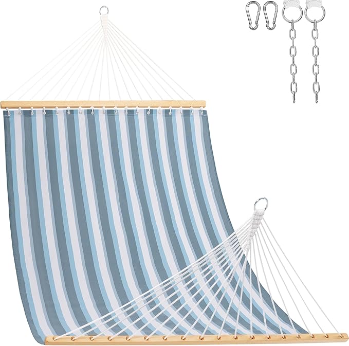 Lazy Daze Hammocks Quick Dry Hammock with Spreader Bar Textliene Fabric Double 2 Person Hammock with Chains Outdoor Patio Poolside Backyard Beach 450 lbs Capacity, Blue White Stripes