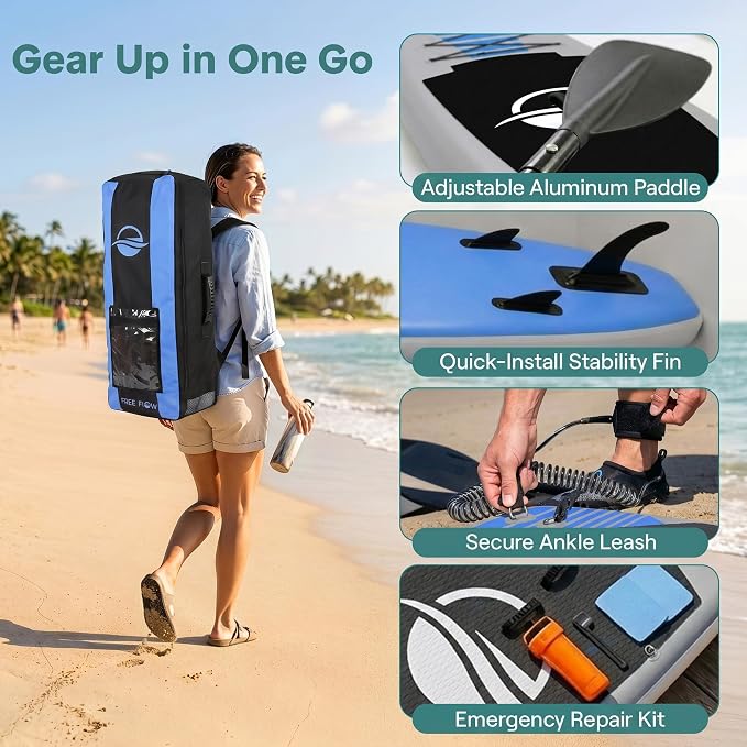 SereneLife 10’6" Inflatable Stand Up Paddle Board with Premium SUP Accessories - Wide Stable Design with Non-Slip EVA Deck Pad, for Youth and Adults, 350 lbs. Capacity