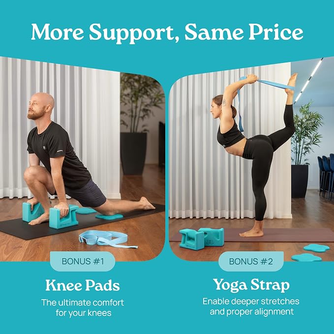 PRO Yoga Blocks | Ergonomic Yoga Block 2 Pack for Wrist Comfort and Support | EVA Foam Exercise Blocks, 2x Knee Pads & Yoga Strap | Pilates Block Set | Bricks to Eliminate Wrist Pain