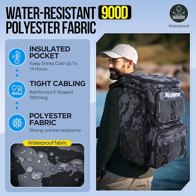 PLUSINNO Fishing Tackle Backpack with Rod Holders，42L Water-resistant Fishing Bag Store Fishing Gear, Fisher Gifts For Men.