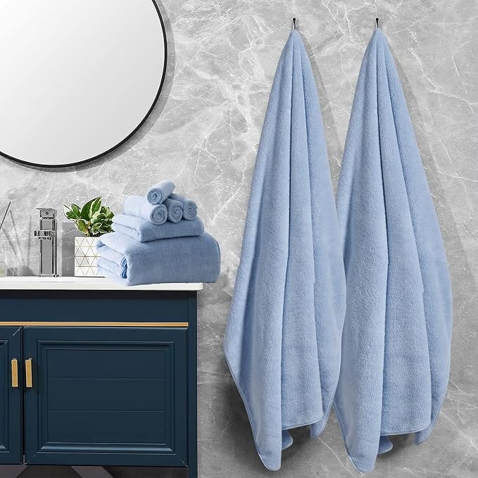 8 Pcs Blue Bath Towel Set,2 Pcs Oversized Towels 35x70 Inches 2 Pcs Hand Towel 4 Pcs Washcloth Bathroom Towel Quick Qry Ultra Soft Hotel Towels,Bath Sheets or Adults