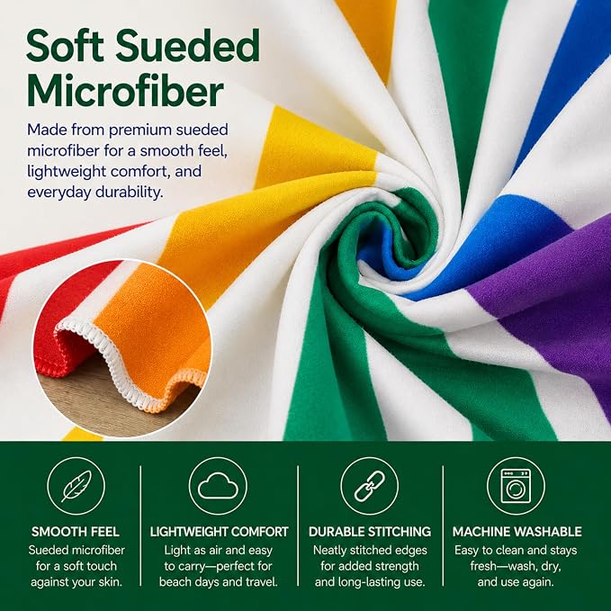 Oversized Microfiber Beach Towel 71x36 Inch, Quick Dry Sand Free Travel Towel, Lightweight Sueded Beach Blanket for Pool, Camping, Yoga & Beach Trips (Rainbow)