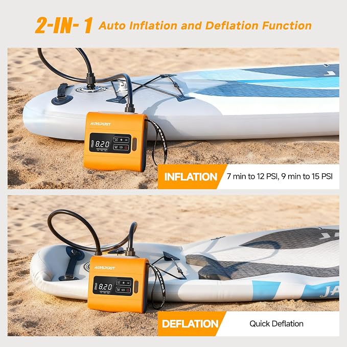 AIRSPIRIT Electric Paddle Board Pump, Rechargeable High Pressure SUP Air Pump, Intelligent Dual Stage Inflation & Deflation, Auto-Off for Stand Up Paddle Boards, Surfing Kite, Tent, Boat, Kayaks