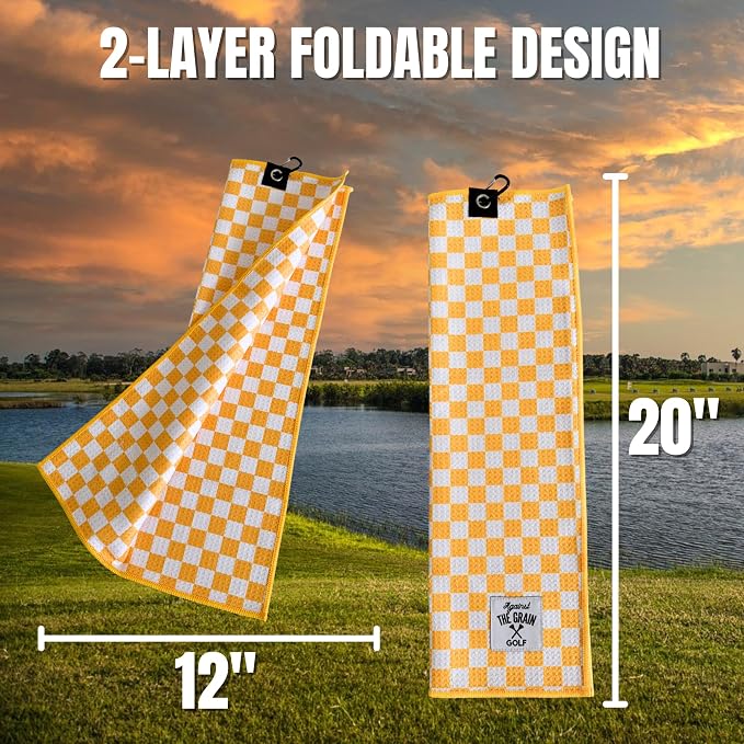 Against The Grain Microfiber Pink Golf Towel for Golf Bags Women with Clip - (12"x20") Yellow & White Checkered Design Golf Club Towel, Womens Golf Towel, Golf Gifts for Women