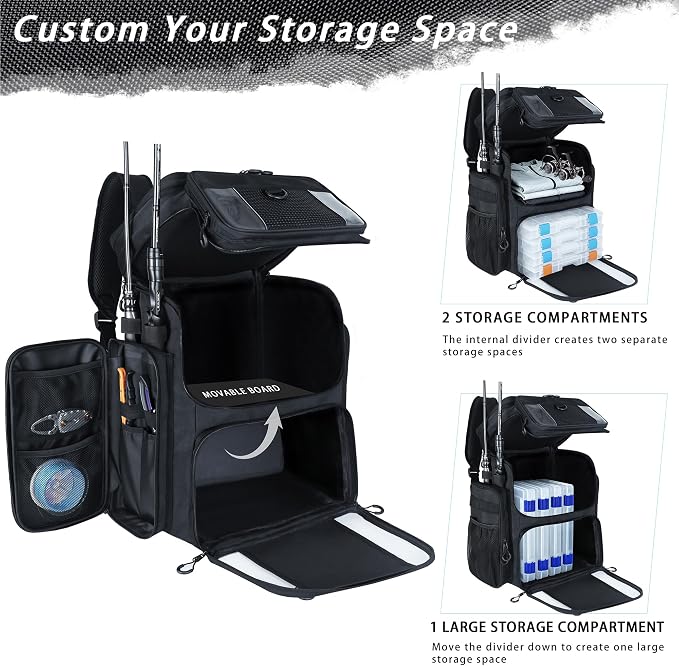Fishing Backpack with 4 Tackle Boxes, 55L Large Tackle Box Backpack with 4 Rod Holders, Waterproof 900D Tackle Backpacks with Cooler & Clear Gear Windows, Fishing Gifts for Men Women, Black