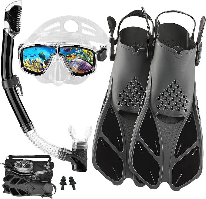 Snorkeling Gear for Adults with Fins Scuba Diving Gear Adult Professional Travel Snorkel Sets with Flippers,Anti-Fog Anti-Leak Diving Mask