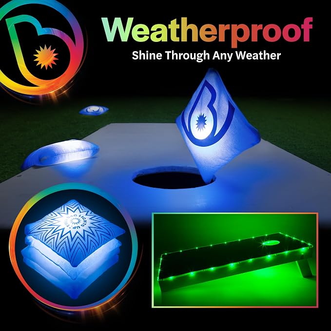 Brightz Cornhole Board Edge Lights with LED Bags - Includes 4-Pack of LED Cornhole Bags + TossBrightz Cornhole Board Edge Lights - The Ultimate Night Time Cornhole Master Set