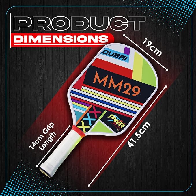 Pickle Ball Paddle MM29 – 50% Fiberglass + 50% Carbon Fiber Face, Gritty UV Surface, ColdPressed PP Honeycomb Core, 16mm Control Build | Premium Pickleball Racket