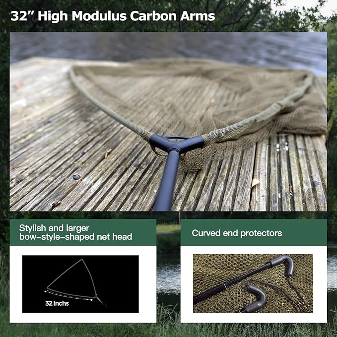 Landing Net for Carp Fishing, 32 Inch Large Fishing Net, 6 Feet Telescoping Carbon Fiber Long Handle Saltwater Big Fish, Holds Up to 88lbs/40kgs, Olive Green, Supplied with Carry Bag