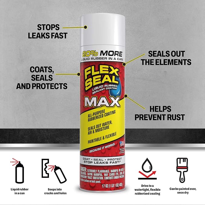 Flex Seal MAX, 17 oz, 2-Pack, White, Stop Leaks Instantly, Waterproof Rubber Spray On Sealant Coating, Perfect for Gutters, Wood, RV, Campers, Roof Repair, Skylights, Windows, and More