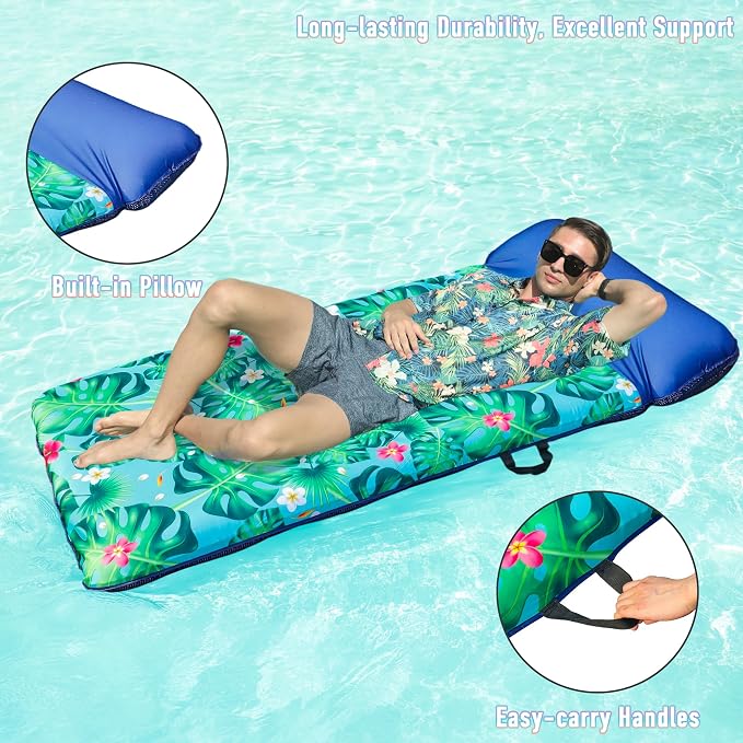 FindUWill Oversized Pool Float Lounge, 72" X 37" Extra Large Fabric-Covered Pool Floats for Adults, Inflatable Contour Lounger with Headrest Ultra-Comfort Cooling Pool Raft (XL, Monstera)