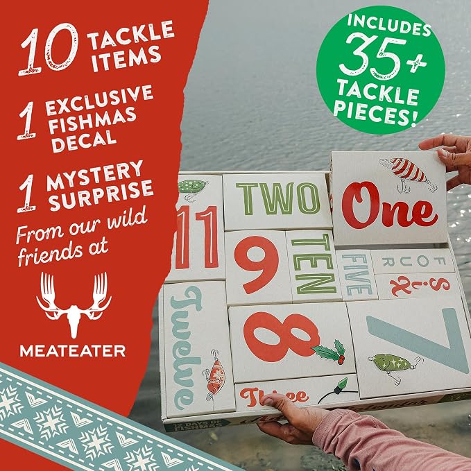 Catch Co Mystery Tackle Box 12 Days of Fishmas Advent Calendar | Bass Fishing Lure Gift Set with 35 baits & lures including 10 Premium Baits, Holiday Decal & Meateater Trivia Pack