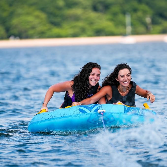 Solstice Surge Inflatable Towable Boat Tube | Stable 2-Person Water Sports Tube with Easy Inflate/Deflate System | 6 Handles & EVA Knuckle Guards | Vibrant Colors for Prime Visibility & Tubing Fun