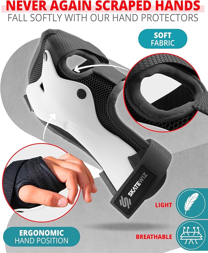 SKATEWIZ Skateboard Pads Protective Gear Set for Kids and Adults - Smash - Roller Skate Pads [6pc] with Wrist Guards - Skating Protective Gear - Roller Derby