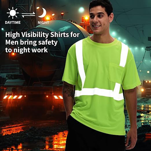 Hi Vis T Shirt Class 3 High Visibility Shirts for Men Safety Shirts with Reflective Strips and Pocket Breathable Construction Work Mesh Short Sleeve Lime