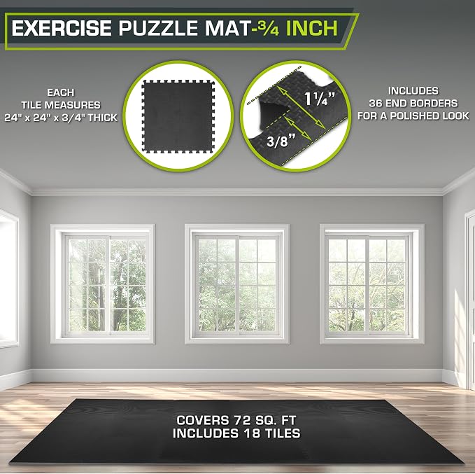 ProsourceFit Weaved Pattern Extra Thick Exercise Puzzle Mat 3/4-inch, EVA Foam Interlocking Tiles for Protective, Cushioned Flooring for Home and Gym Equipment; Black, 48 SQ FT, 12 Tiles